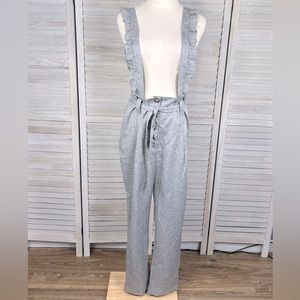 BLUSH MARK Ruffle Trim Button Front Overall Jumpsuit Linen Look Gray-Large